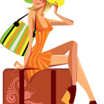 traveler woman sitting on suitcase