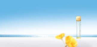Michael Kors Parfum SkyBlossom Bottle Hero mit gelben Blüten vor blauem Hintergrund