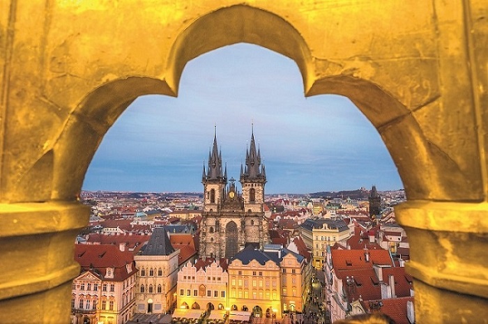 Prague, Tyn Church and Old Town Square. Czech Republic