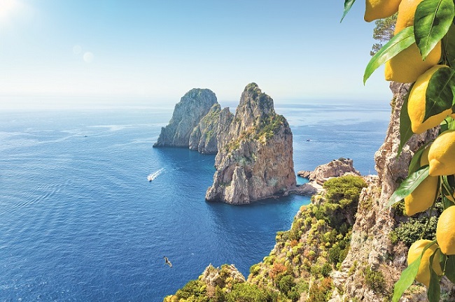Berühmte Faraglioni-Felsen, Insel Capri, Italien. Schöne paradiesische Landschaft mit azurblauem Meer im sonnigen Sommertag mit reifen gelben Zitronen im Vordergrund