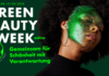 Banner der Green Beauty Week: Eine dunkelhäutige Frau mit grün eingefärbter Gesichtshälfte.