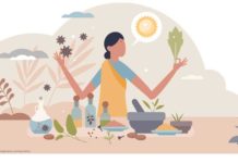 Bunte Illustration einer Frau im Sari, umgeben von Mörsern, Flaschen und Pflanzen