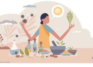 Bunte Illustration einer Frau im Sari, umgeben von Mörsern, Flaschen und Pflanzen