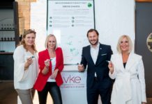 Drei Frauen und ein Mann stehen vor einem übergroßen Charta-Ausdruck. Sie halten Stifte in der Hand.