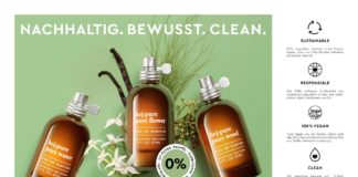 3 Parfumflacons vor grünem Hintergrund mit Aufstellung umweltschonender Eigenschaften