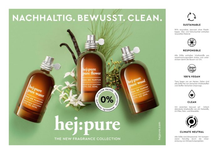 3 Parfumflacons vor grünem Hintergrund mit Aufstellung umweltschonender Eigenschaften