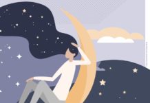 Auf ins Traumland Zeichnung eines Mannes, der auf einer Mondsichel sitzt