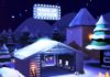 Grafik einer beleuchteten Hütte in Schneelandschaft bei Nacht, umgeben von Häusern und Bäumen,