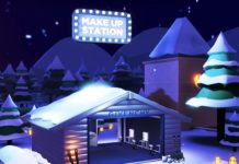 WILLKOMMEN IN GIVENCHYS „WINTERWUNDERLAND“ Grafik einer beleuchteten Hütte in Schneelandschaft bei Nacht, umgeben von Häusern und Bäumen,