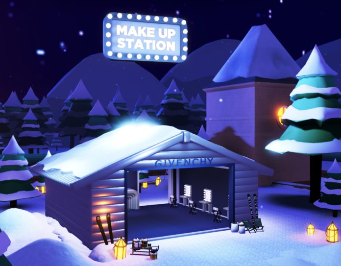 Grafik einer beleuchteten Hütte in Schneelandschaft bei Nacht, umgeben von Häusern und Bäumen,