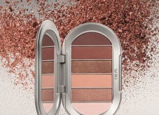 Schönheits- und Haushaltspflegebranche wächst in schwachem Konsumklima Lidschatten in verschiedenen Rosé-Tönen in silberner Dose; im Hintergrund metallicfarbene Partikel