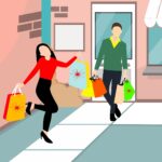 Bunte Illustration einer Frau und eines Mannes mit Einkaufstüten vor einem Ladengeschäft.