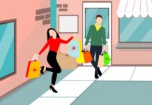 Bunte Illustration einer Frau und eines Mannes mit Einkaufstüten vor einem Ladengeschäft.
