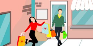 Bunte Illustration einer Frau und eines Mannes mit Einkaufstüten vor einem Ladengeschäft.