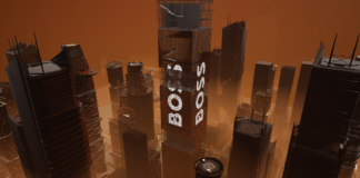 Eine Computeranimation zeigt eine Stadt aus Hochhäusern in Brauntönen mit weißem Boss-Schriftzug.
