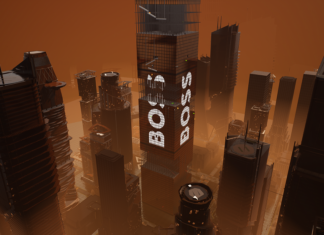 BOSS FRAGRANCES startet in der Gaming-Welt Eine Computeranimation zeigt eine Stadt aus Hochhäusern in Brauntönen mit weißem Boss-Schriftzug.