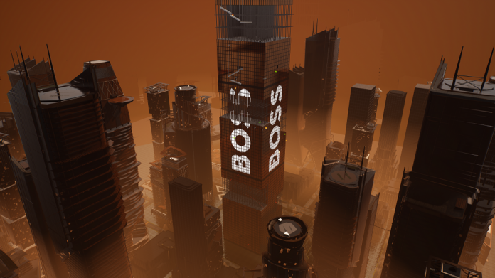 Eine Computeranimation zeigt eine Stadt aus Hochhäusern in Brauntönen mit weißem Boss-Schriftzug.