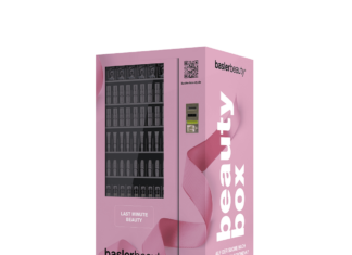 baslerbeauty-Box: Kosmetik und Geschenke auf Knopfdruck Ein rosafarbener, rechteckiger Automat mit Sichtfenster und Bedienfeldern.