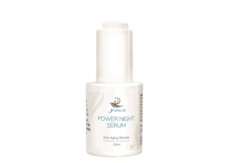 JIVALA präsentiert stimulierendes Gesichtsserum Ein kleines, weißes Fläschchen mit Produktaufschrift.