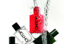 BOTÉ COSMETICS ausgewählte Brands, exklusives Know-how & Leidenschaft Bunte Flacons aufeinandergestapelt, von oben kommt ein Wasserstrahl