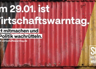 VCP beteiligt sich am bundesweiten Wirtschaftswarntag Weiße Schrift auf schwarz-rot-goldenem Hintergrund
