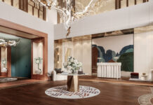 Erste Einblicke in Design des Conrad Hamburg Blick in ein Hotelfoyer mit Rezeption