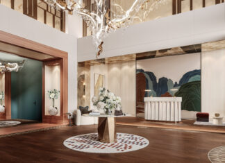 Erste Einblicke in Design des Conrad Hamburg Blick in ein Hotelfoyer mit Rezeption