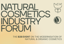 Wissenschaft, Innovation und Wirksamkeit prägen die Zukunft der Naturkosmetik Logo des Forums, gelber Hintergrund mit grauer Schrift in Versalien
