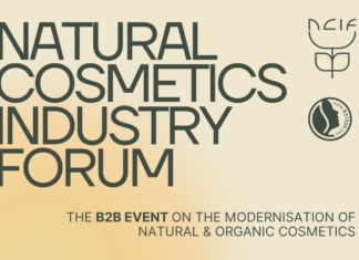 Wissenschaft, Innovation und Wirksamkeit prägen die Zukunft der Naturkosmetik Logo des Forums, gelber Hintergrund mit grauer Schrift in Versalien